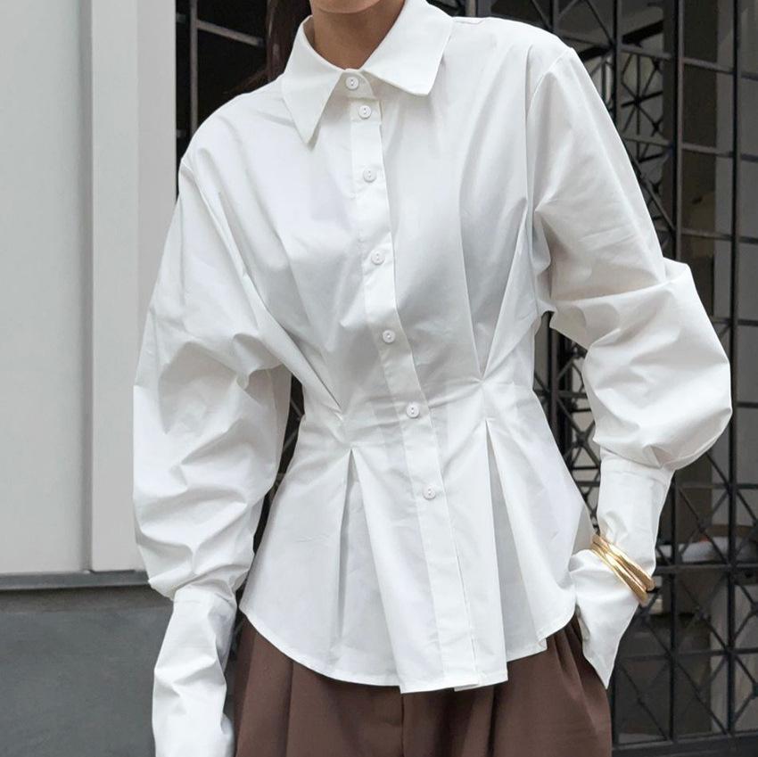 Women's Vintage Palace Style 100% Cotton Shirt Lapel Long Sleeve Pleated Waist Slim Fit Elegant Commuter Blouse