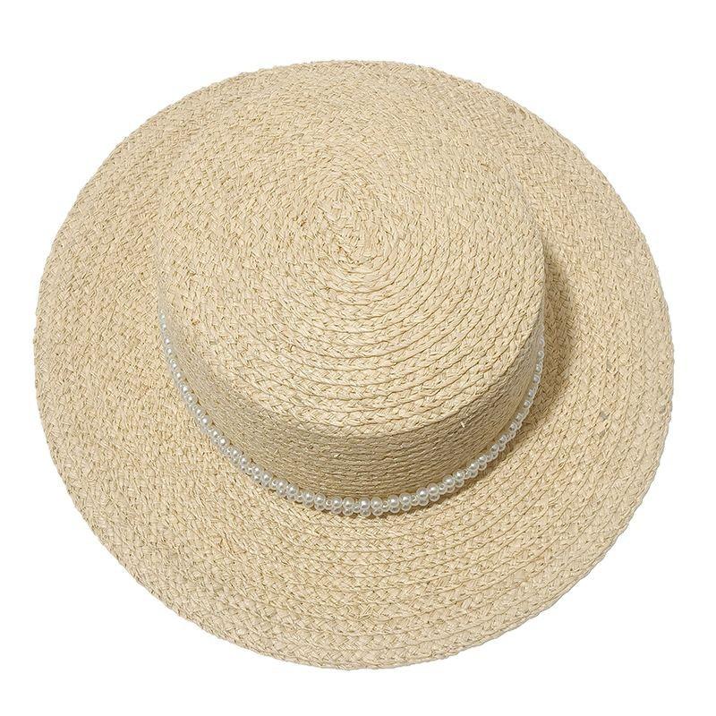 New pearl flat top straw hat women's summer seaside vacation photo sun protection sun hat straw woven sun hat hat