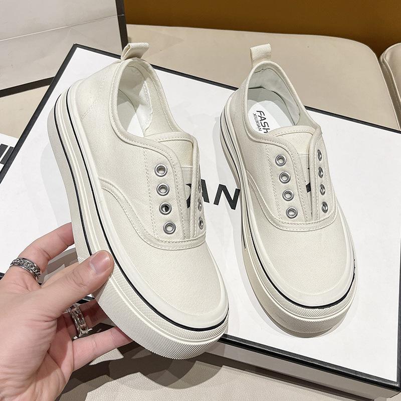 Thick-soled Elastic One-pedal Canvas Shoes for Women's New Versatile Breathable Casual Shoes Heightening Little White Shoes Board Shoes for Women