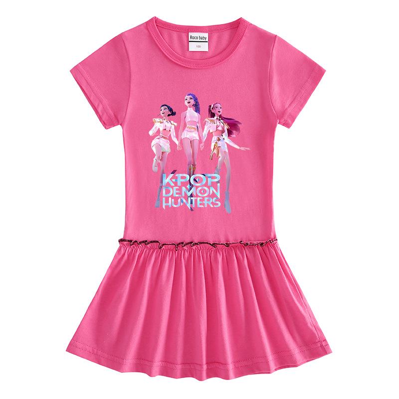 Kpop Monster Hunter Girls' Summer Pleated Dress - Stylish Color Block Ruffle Skirt for Children