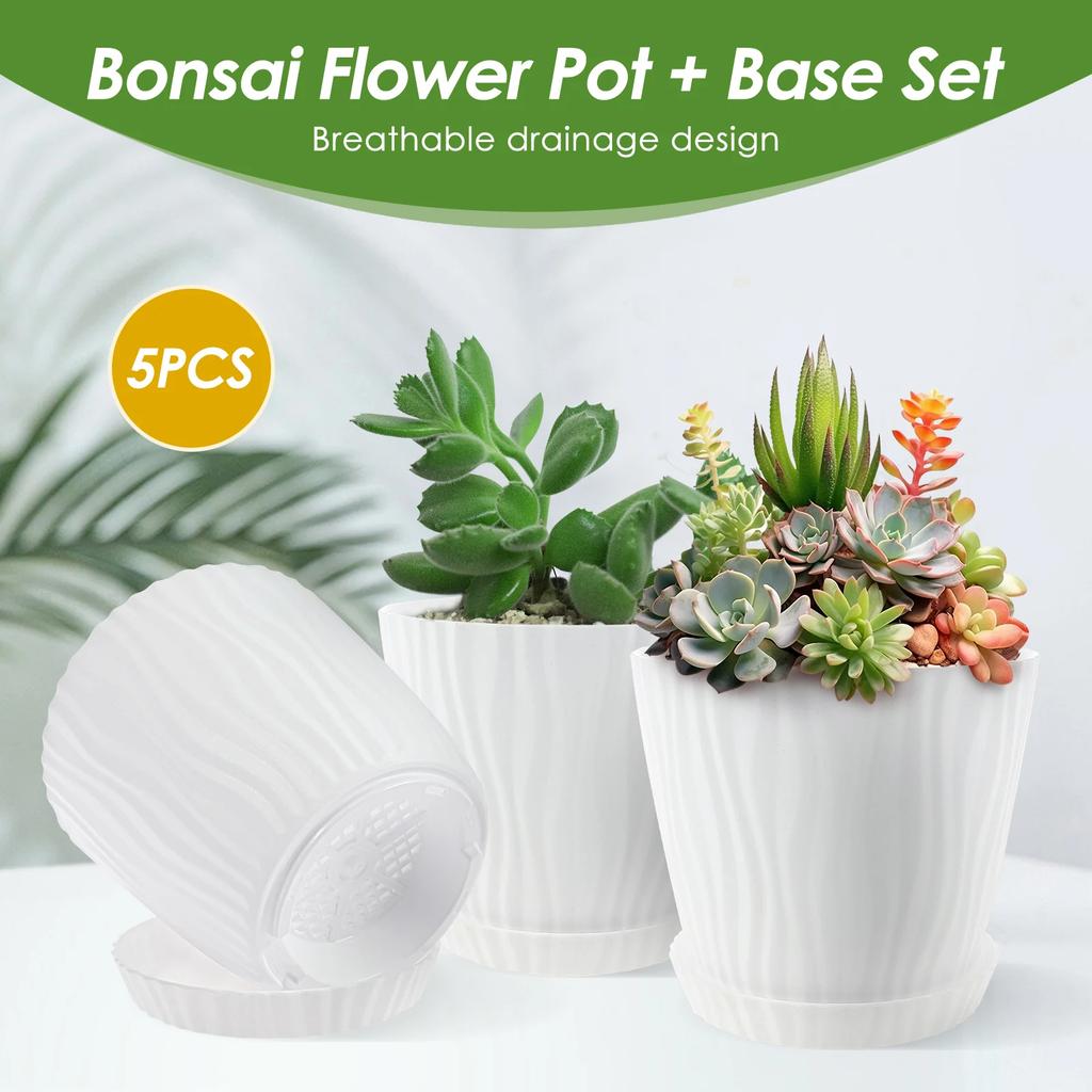 5Pcs Set Flower Pot PP Vegetation Pots with Drainage Holes and Saucers Thickened Multipurpose Succulent Pots for Indoor&Outdoor