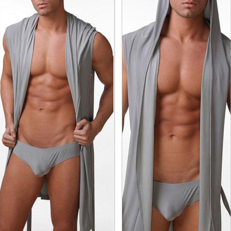 Men's Hooded Sleeveless Thin Silk Bathrobe, European Style, Six Colors Available, Does Not Include Underwear