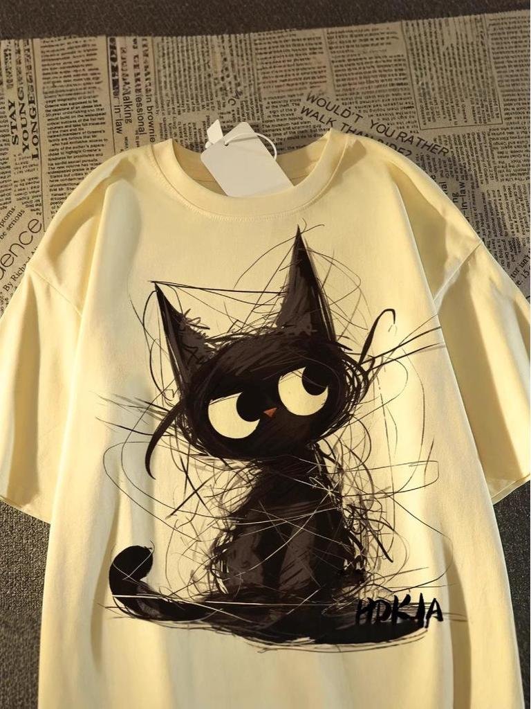 Unisex American Retro Black Cat Print Oversized T-Shirt - Summer Pure Cotton Short Sleeve Top