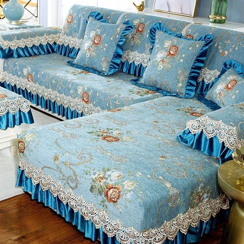 Luxury Chenille Sofa Mat European Style Large Flower Fabric Anti Slip Seat Cushion Winter Solid Wood Full Coverage Sofa Cover