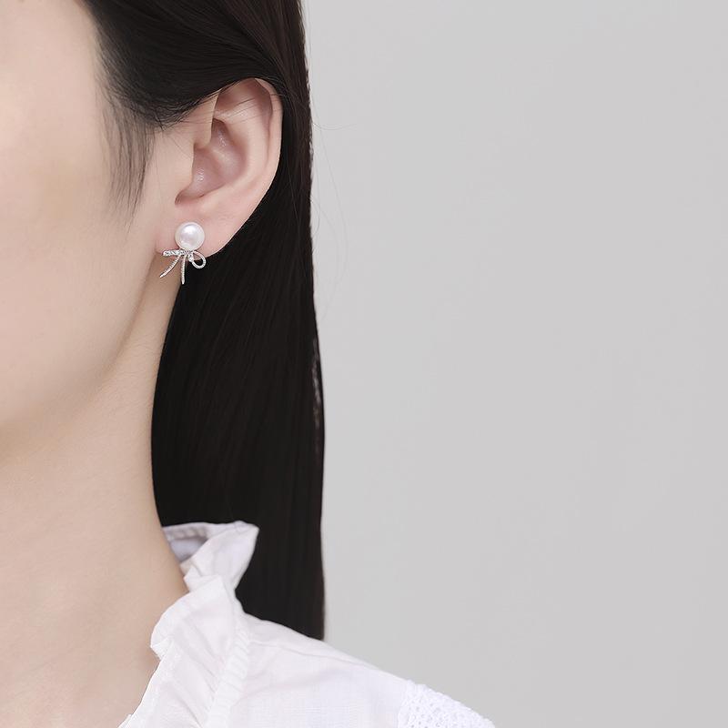 Bow Stud Earrings Temperament Simple Freshwater Earrings Elegant Earrings Women'S High Sense Autumn And Winter