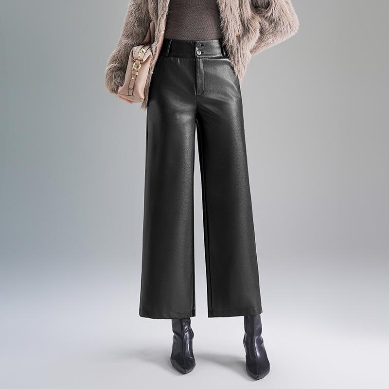 2025 Women's High-Waisted Fleece-Lined Lambskin Leather Pants - Slimming Loose Fit Straight-Leg, Ideal for Autumn and Winter