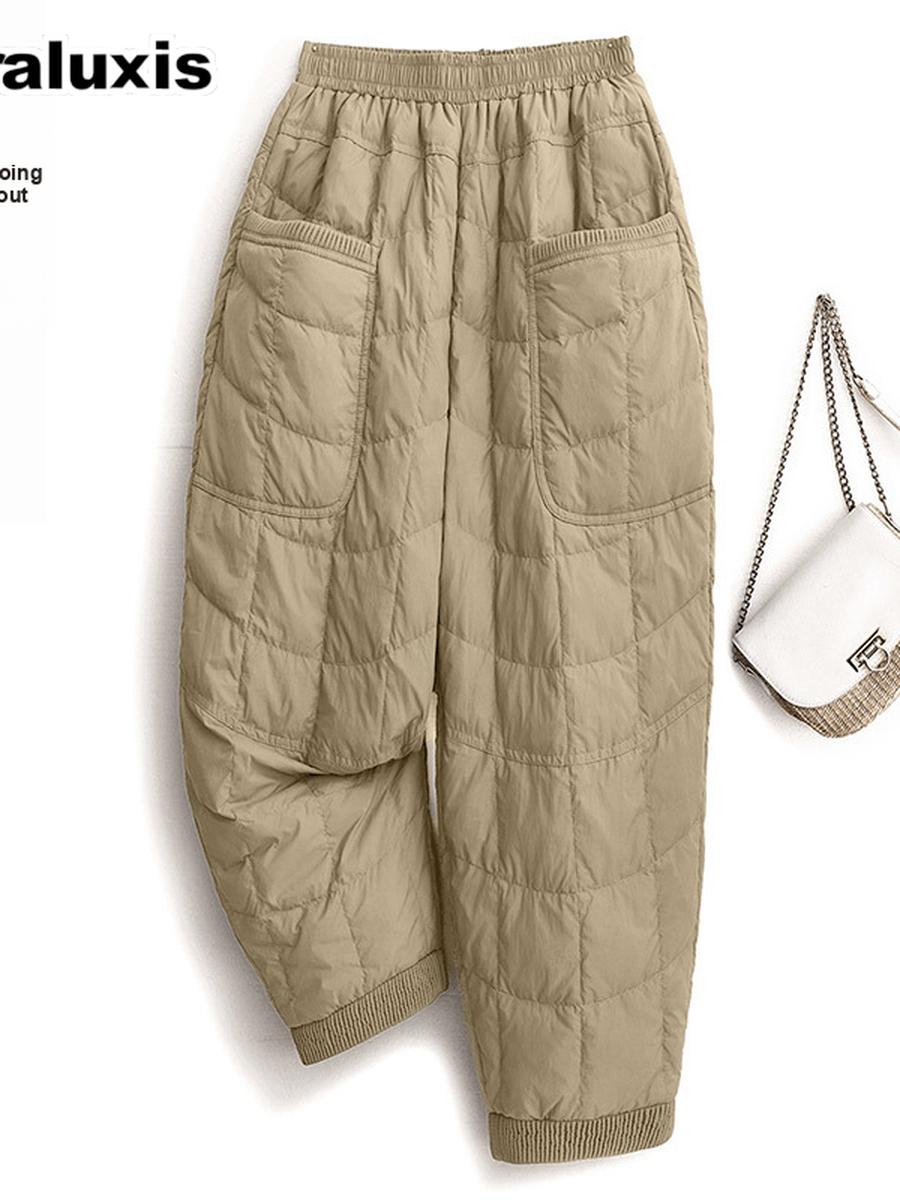 Herbst Winter Neue Übergroße Lockere Weite Hosen mit Elastischem Bund - Dicke Warme Leichte Baumwolle Freizeit Hosen für Damen XL khaki