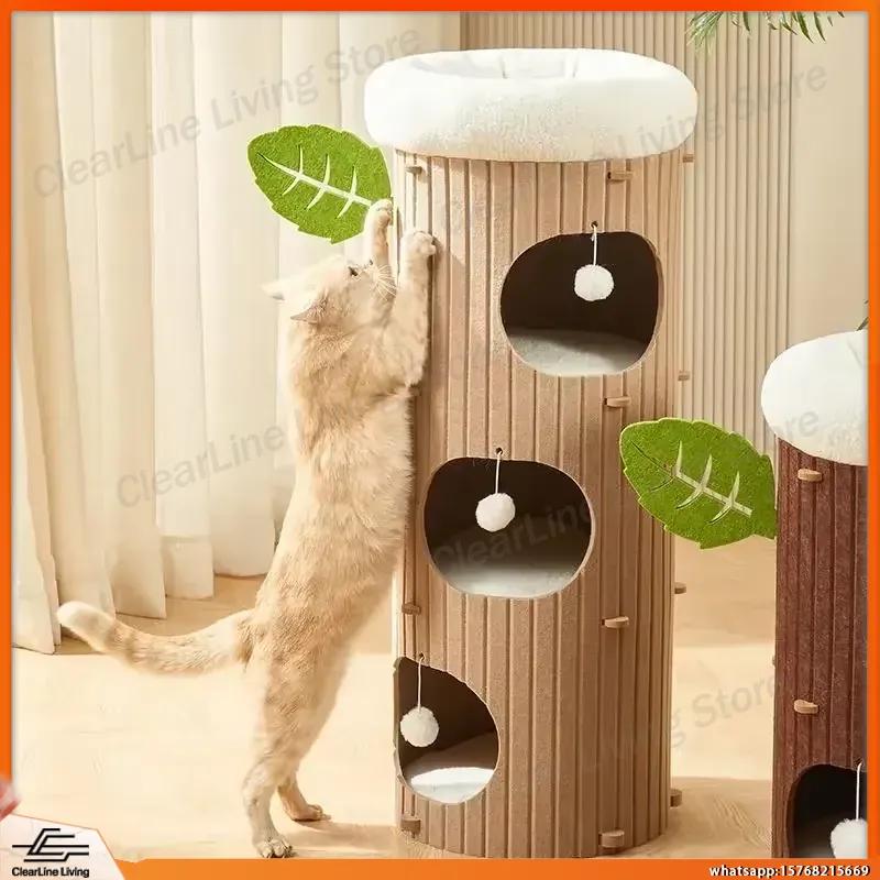 Multi-layer Felt Cat House Tree Stump Style Scratching Post Climbing Tower Play Center for Cats Indoor Pet Furniture Durable