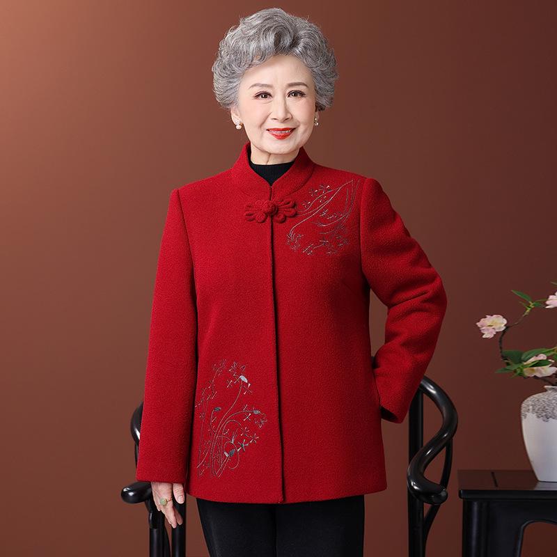 Wool Coat with Fleece Lining and Thickened Tang Suit for Elderly Women