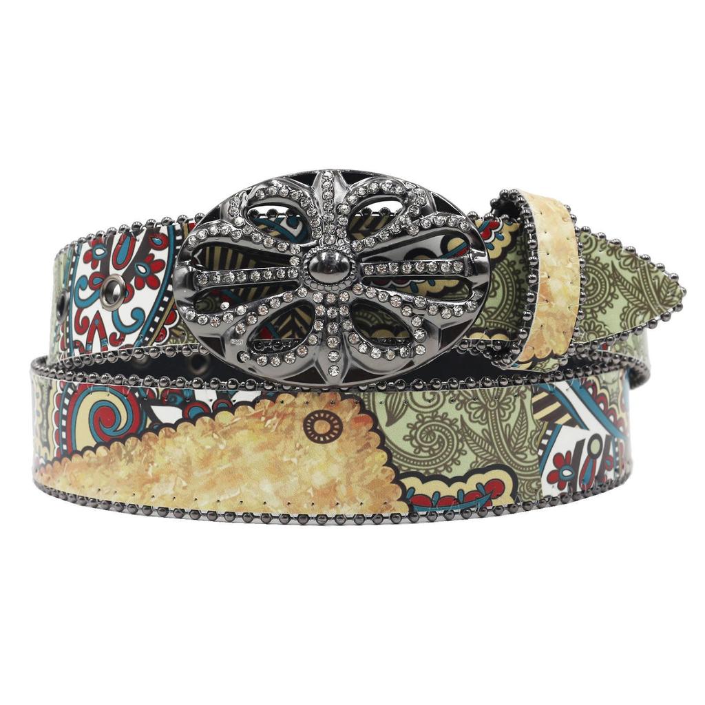 Y2K Ethnic Style Retro Rhinestone PU Leather Belt by American Yabby