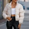 Women Autumn Winter Down Cotton-Padded Jacket Stand Collar Long Sleeve Pockets Zipper Placket Cropped Jacket Warm Overcoat