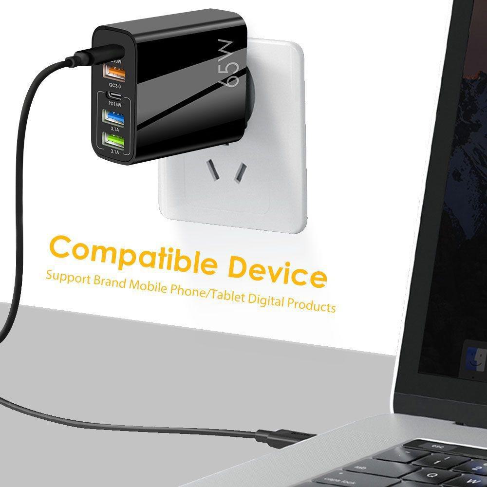 PD65W Fast Charger: 5V/3.1A Multi-Port Adapter with USB & PD for EU/US/UK