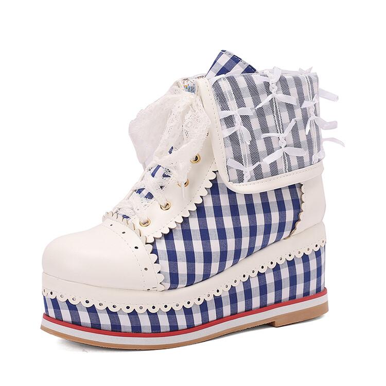 7cm Kilehæl Rund Tå Korte Støvletter Rutete Sløyfe Blonder Stoff Lær Spleis Enkel Sko Hverdagsbruk Casual Damesko 35-45