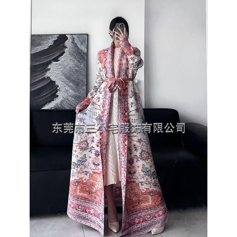 

Muslim Long Trench Coat Spring Middle East Export Pleated Print Cloak Plus Size Loose Breathable Slimming Robe Outwear Figure 38 All yards