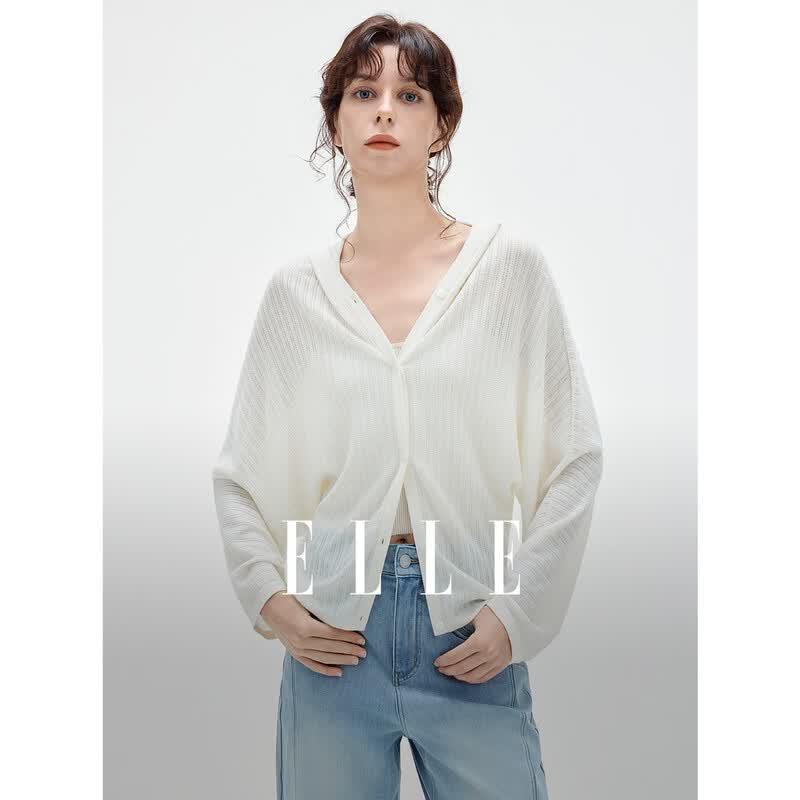 ELLE French Textured Hooded Knit Cardigan M