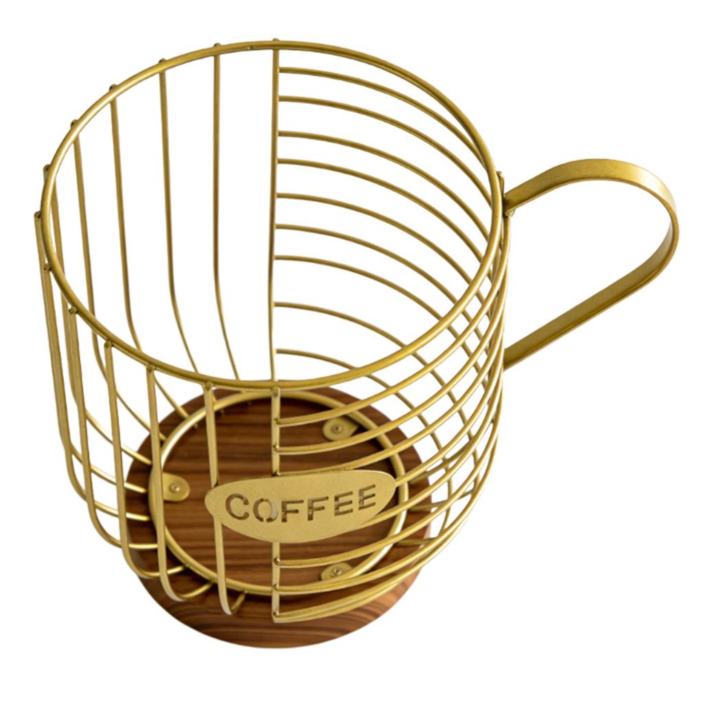 Metal Coffee Pod Wire Basket with Wooden Base Large Capacity Coffee Pod Holder for Kitchen Countertops Coffee