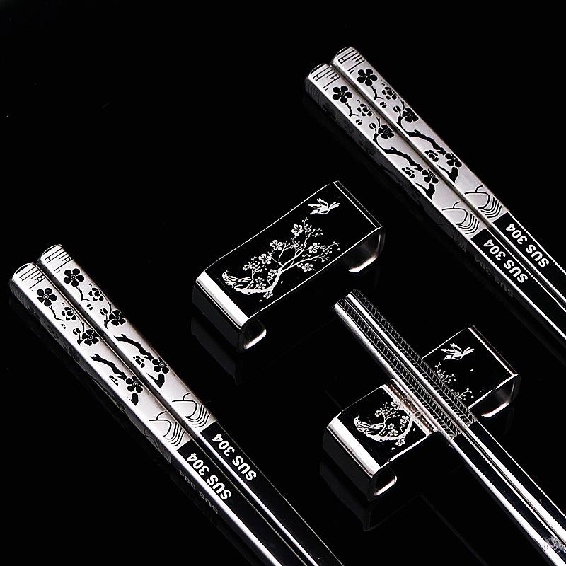 304 Stainless Steel Chopsticks & Rests Gift Set with Laser Black and White Logo