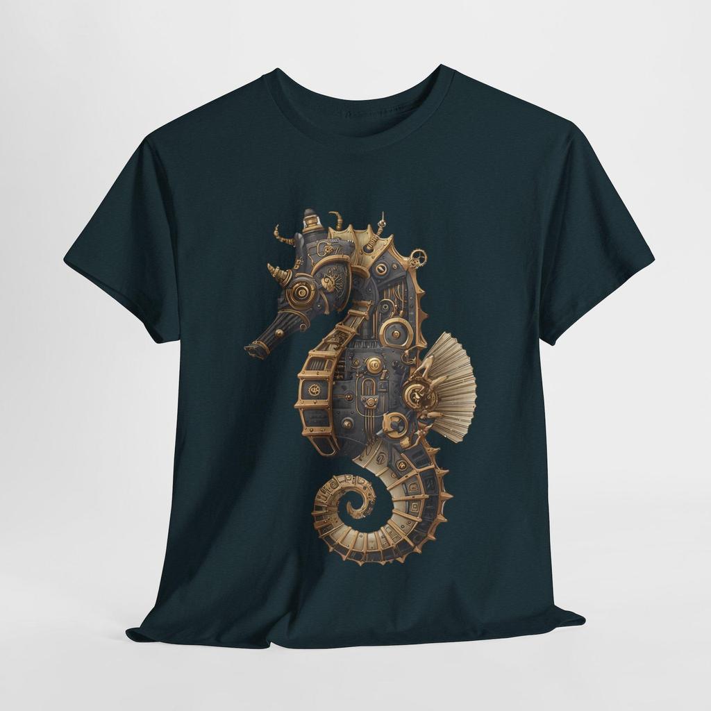 Steampunk Seahorse Tee, Unisex Heavy Cotton TShirt, Nautical Gift, Ocean Lover Shirt, Unique Graphic Tee, Gothic Beachwear