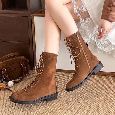 Fashion Fashion Cross Lace Up Mid Calf Boots Women Autumn Winter Low Heels Faux Suede Boots Woman Zipper Square Toe Short Booties Mujer