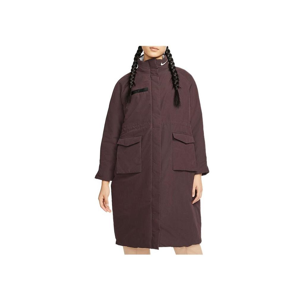 Nike Unifarbener Logo-Print Tasche Reißverschluss Mittellanger Baumwollmantel Damenmäntel Braun DD4651-203