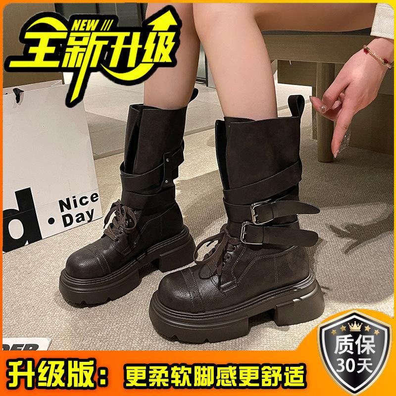 British style thick-soled thick-heeled Martin boots women's summer design sense increases leather boots versatile soft-soled short boots tide
