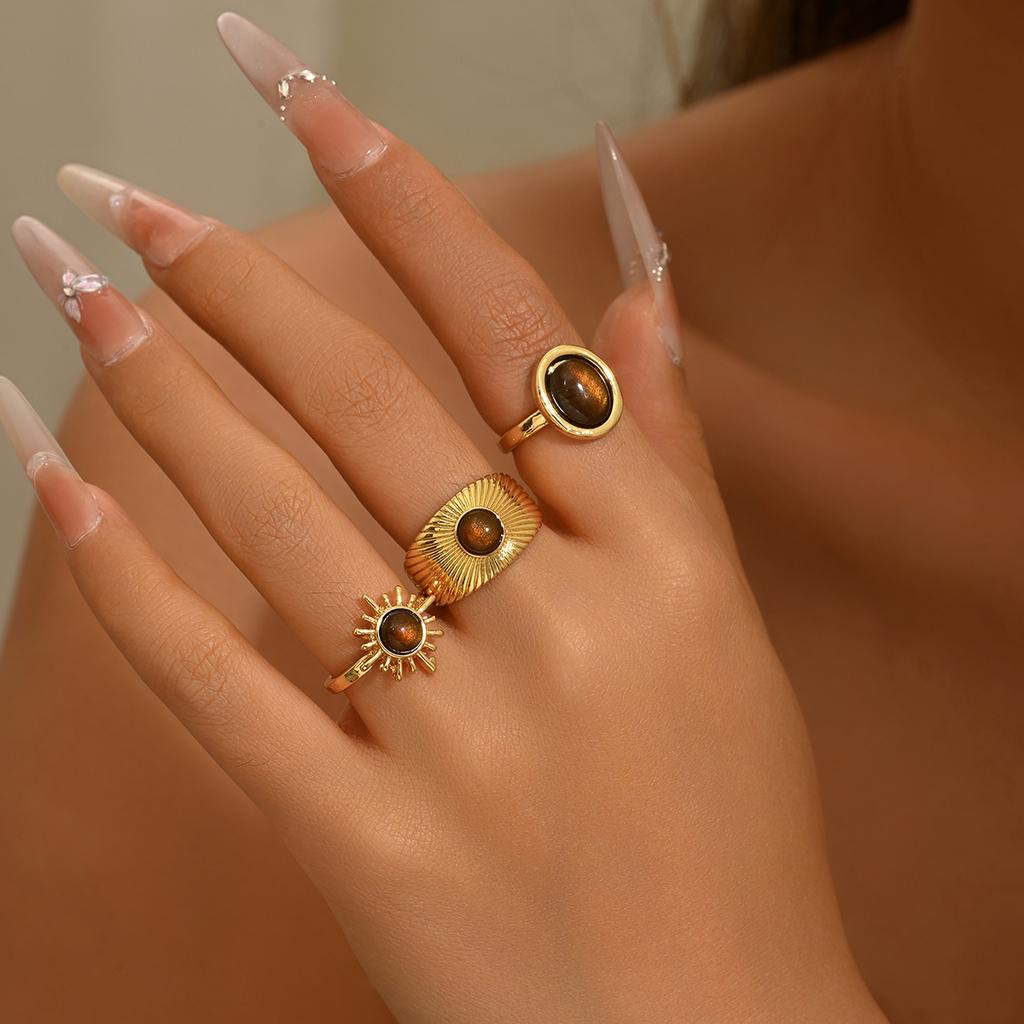 3Pcs/Set Tiger Eye Stone Ring Set Gold Color Sun Wave Open Adjustable Stackable Rings For Women Party Daily Wear