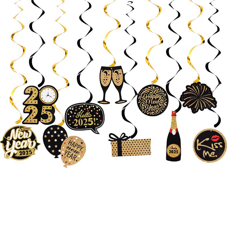 10pcs/set Happy New Year Spiral Hanging Banner Garland Hello 2025 New Year Eve Party Decoration Supplies Photo Booth Props Gift
