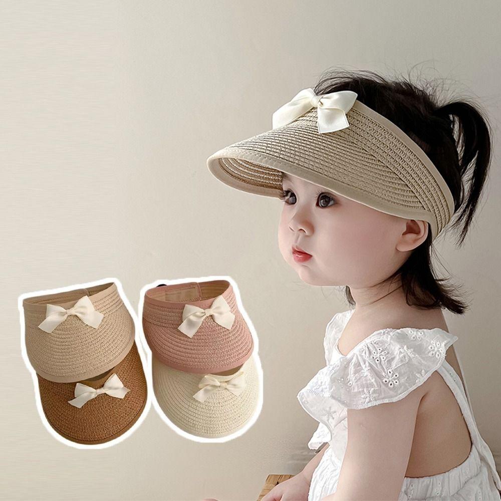 Korean Bow Straw Hat Empty Top Visor Cap Fashion Baby Straw Caps  Kids