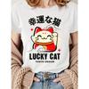 European Sizes Women's Lucky Cat T-Shirt / Short Sleeve Round Neck Summer Top / Breathable Casual Blouse with Luck Print for Maneki-Neko