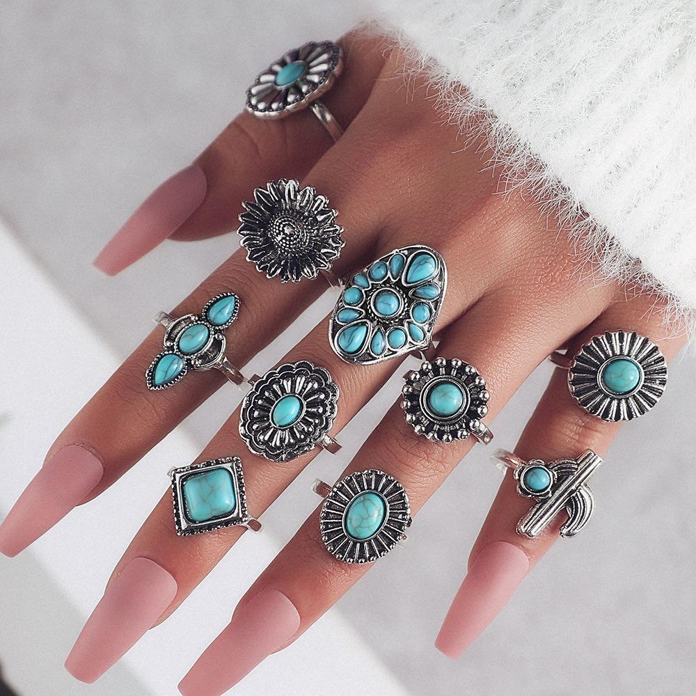Vintage Engraved Black Gem Ring Personalized Turtle Flower Combination 16-piece Set for Women
