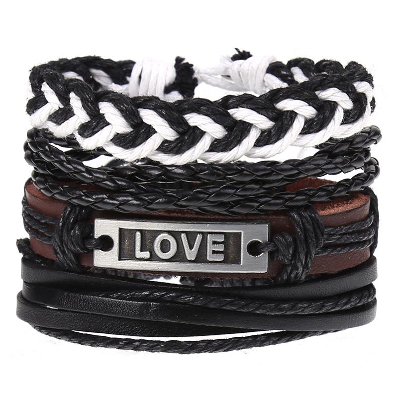Retro Woven Cowhide Leather Men's Bracelet Set - European & American Handmade DIY Knot