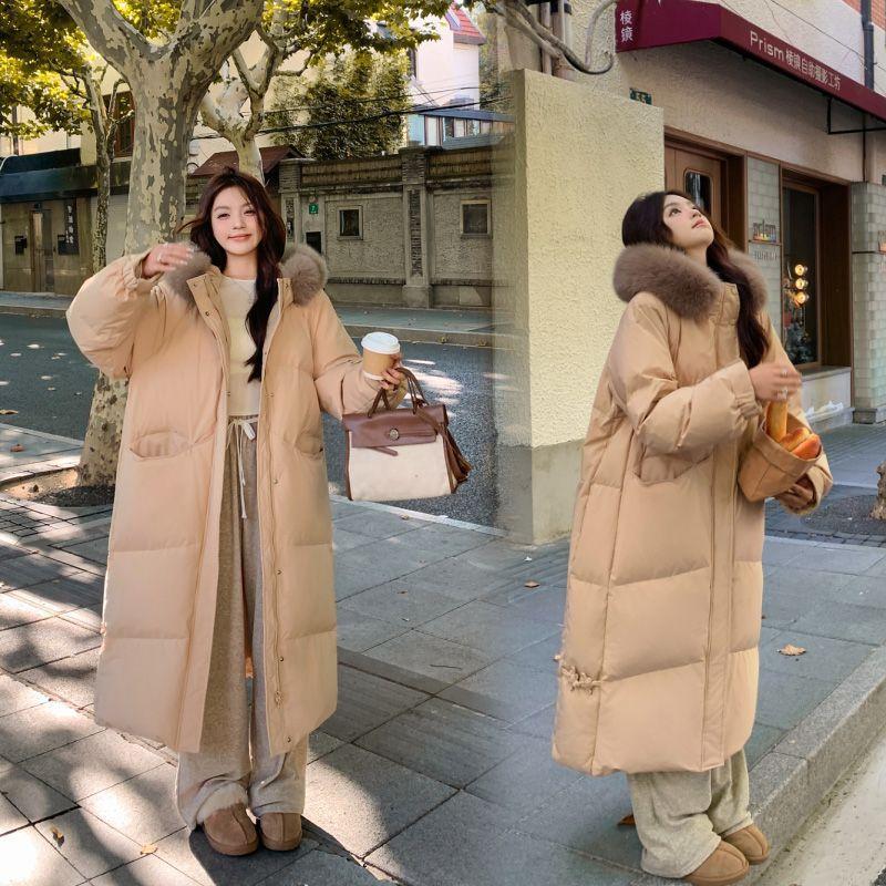 

Large fur collar medium and long down cotton-padded clothes women s new loose cotton-padded clothes winter thickened knee-padded jacket XL хаки