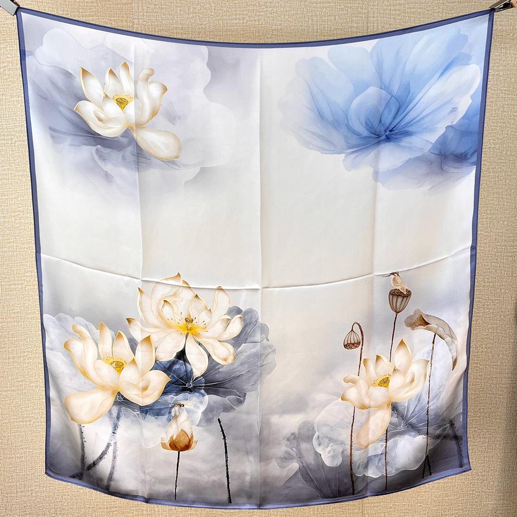 Guochao Lotus Landscape 100% Mulberry Silk Scarf - Versatile Women's Square Shawl