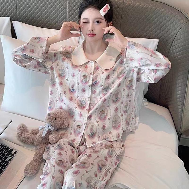 Pajamas Women's Ice Silk Pastoral Rabbit Ice Silk Long Sleeves Trousers Printed Silk Doll Collar Sweet Loungewear Can Be Worn Outside