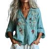 Cross-border Casual V-neck Lake Blue Embroidered Long-sleeve Shirt - TikTok Hot Seller