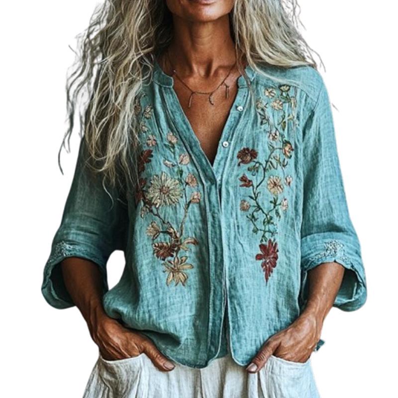 Cross-border Casual V-neck Lake Blue Embroidered Long-sleeve Shirt - TikTok Hot Seller
