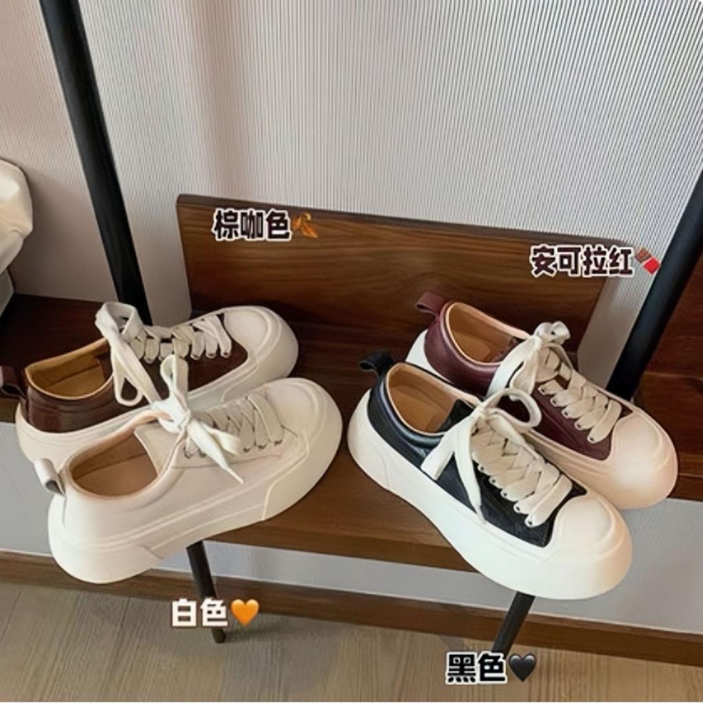 Cowhide version~ Su Yinyin has the same washed horse skin muffin thick-soled sports and leisure board shoes for women's inner height increase white sh