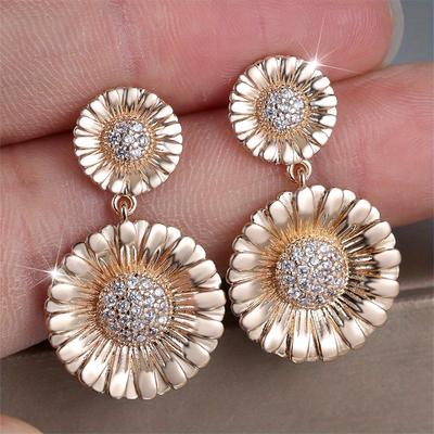 1 Pair Golden Color Sunflower Floral Drop Dangle Earrings Valentine's Day Jewelry