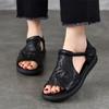 Johnature Genuine Leather Peep Toe Flat Sandals Vintage Solid Color Soft Sole Comfortable Versatile Women Shoes