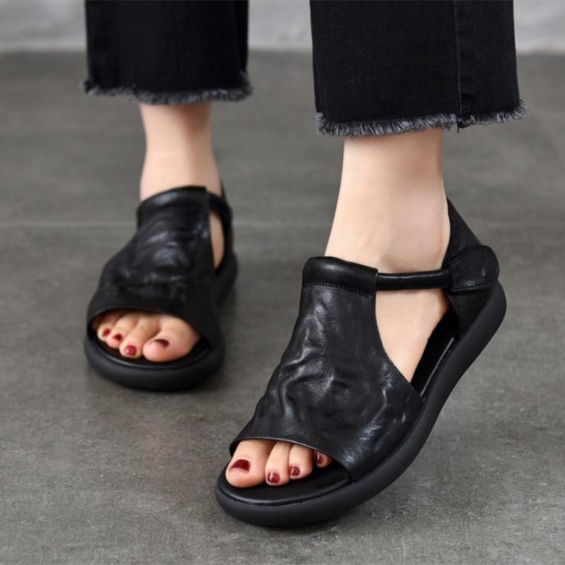Johnature Genuine Leather Peep Toe Flat Sandals Vintage Solid Color Soft Sole Comfortable Versatile Women Shoes