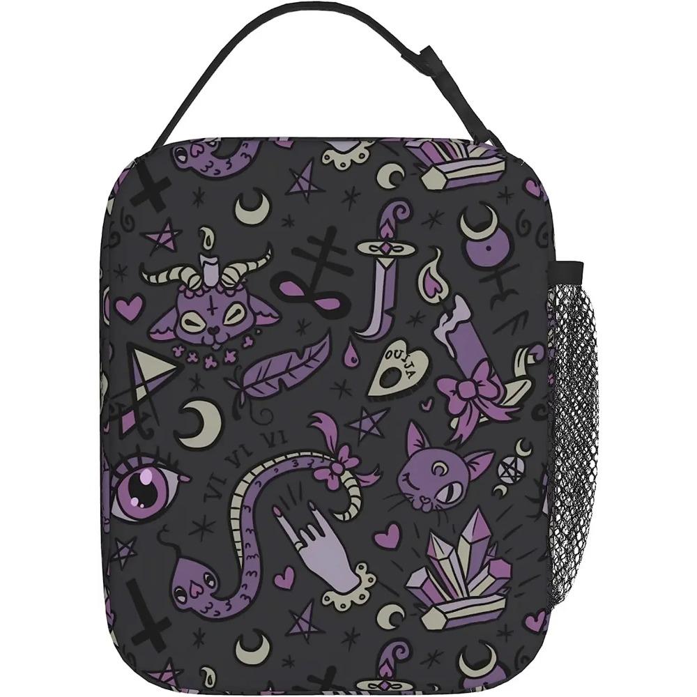 Purple Gray Goth Spooky Insulated Lunch Bag with Detachable Buckle Handle Portable Lunch Box Reusable Bento Tote Bag