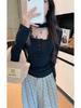 Pure Desire Lace Patchwork Square Neck Long Sleeve T-shirt for Women