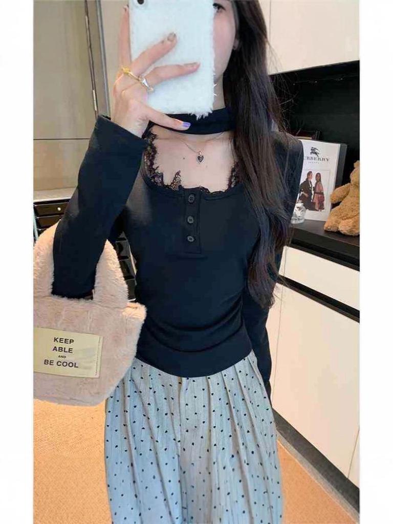 Pure Desire Lace Patchwork Square Neck Long Sleeve T-shirt for Women