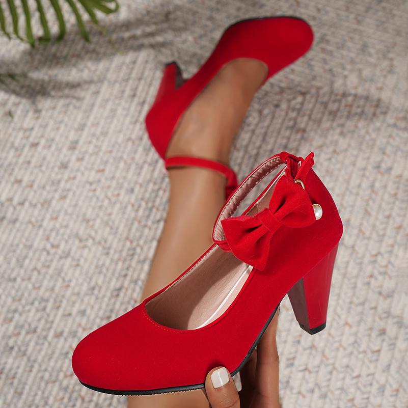 Rozmiar Plus Okrągły Czubek Super Wysoki Stożkowy Gruby Obcas Aksamitny Materiał Płytkie Czółenka Damskie Kokarda Naklejki Metalowe Klamry Perła Słodki But