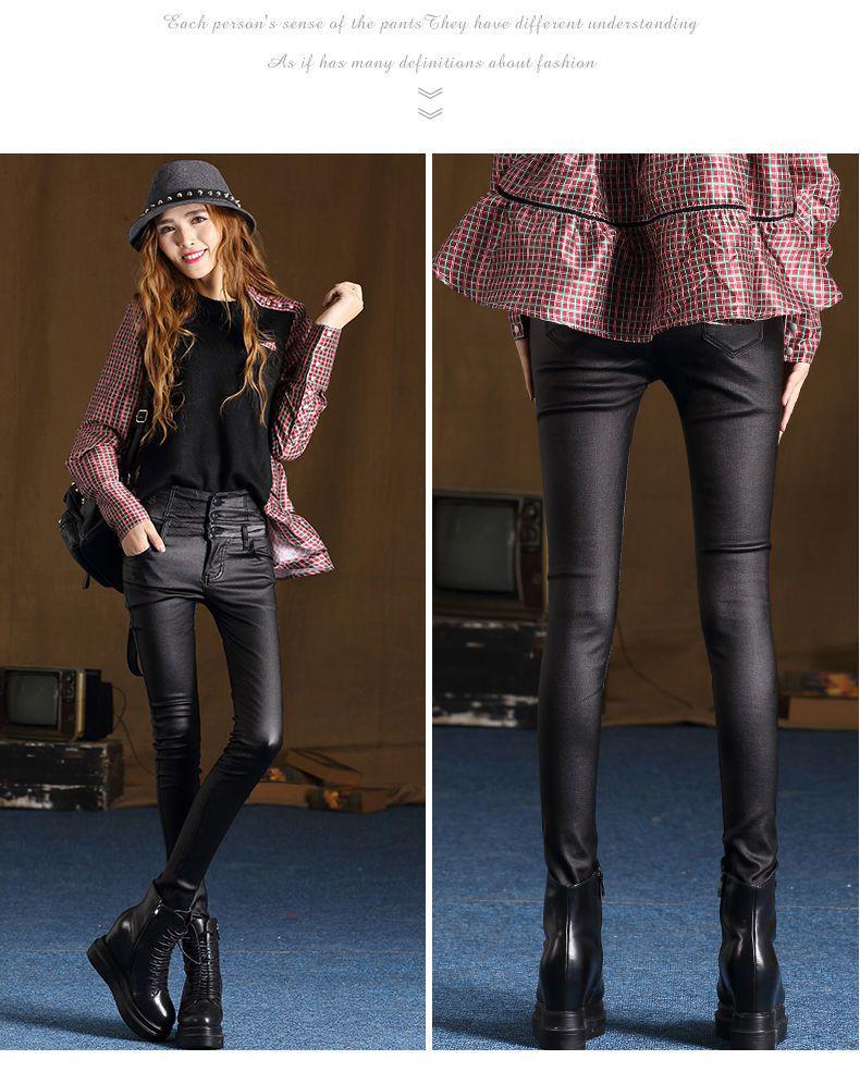Women's High Waist Matte PU Leather Fleece-Lined Slimming Pants - Winter Base Layer