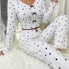 Women's 2025 European V-Neck Love Print Pajama Set - Long Sleeve Top & Pants, Indoor/Outdoor Wear