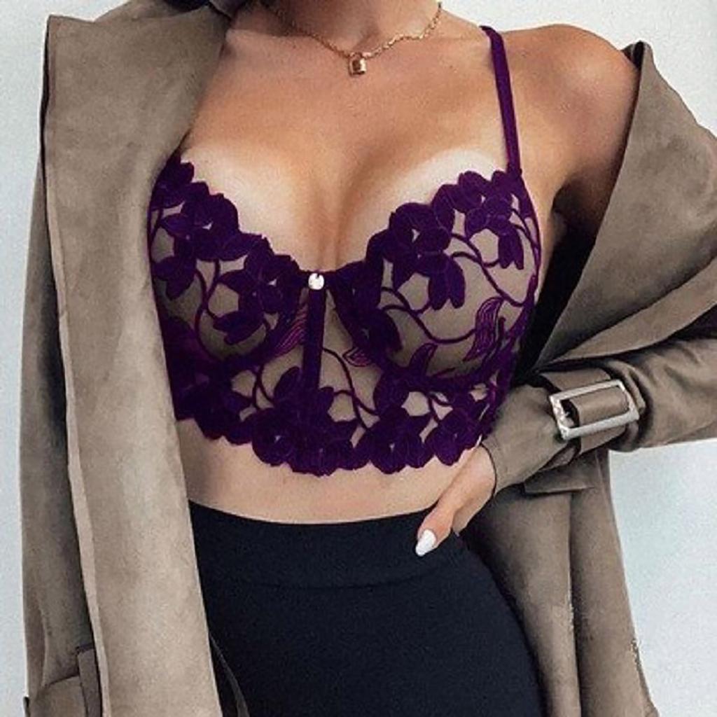 Women Lace Bralette Sheer Floral Embroidered Longline Bra Adjustable Straps Wirefree Underwear Crop Top Lingerie