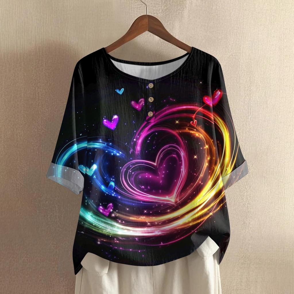 Damska casualowa i wygodna bawełniano-lniana bluzka z okrągłym dekoltem, średniej długości, z modnym nadrukiem