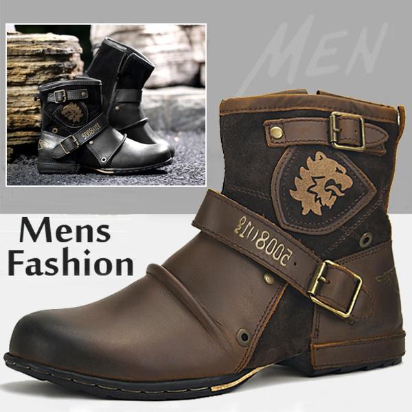 Men Vintage Breathable Big Size Leather Ankle Boots Outdoor Casual Motorcycle Work Hiking Fashion Booties for All Seasons