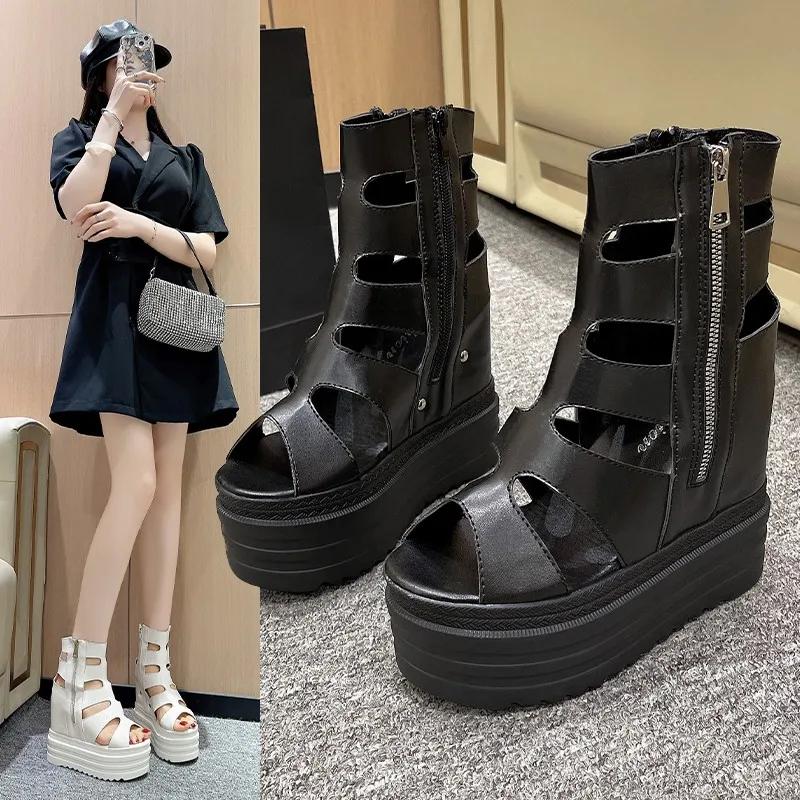 Women's Fashion Sexy Roman Sandals Summer Ultra High Heel Wedge Platform Shoes Side Zip Open Toes Solid Color Sandalias De Mujer